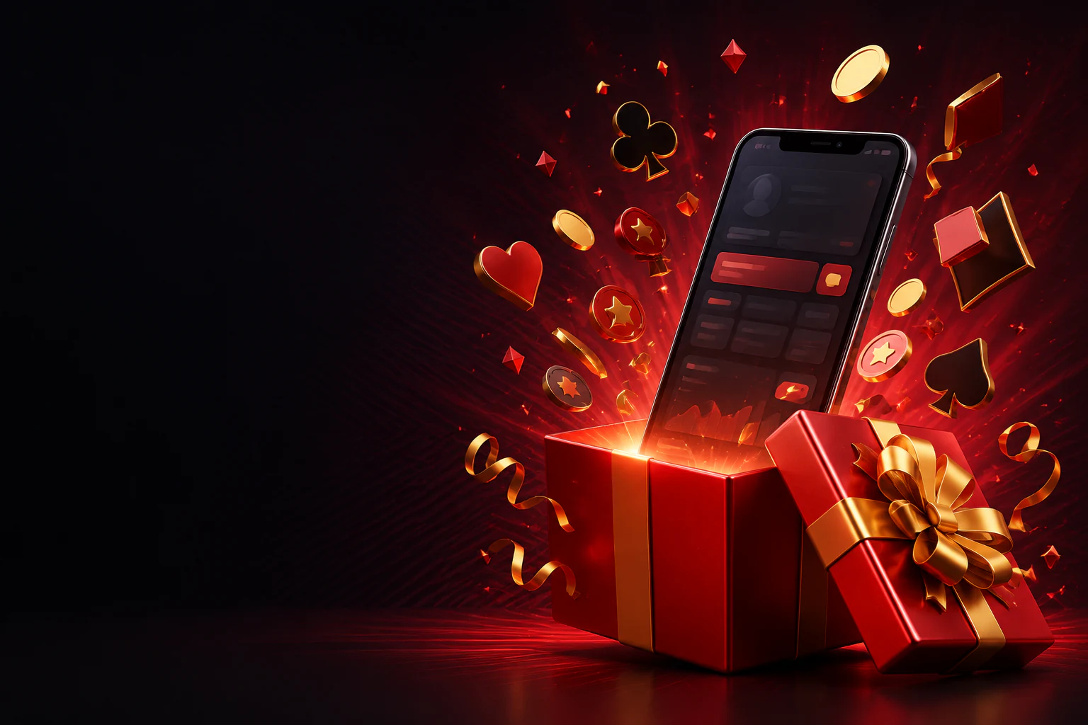 Pin-Up reklama tasviri: sovg‘a qutisidagi smartfon, oltin tangalar va karta belgilari